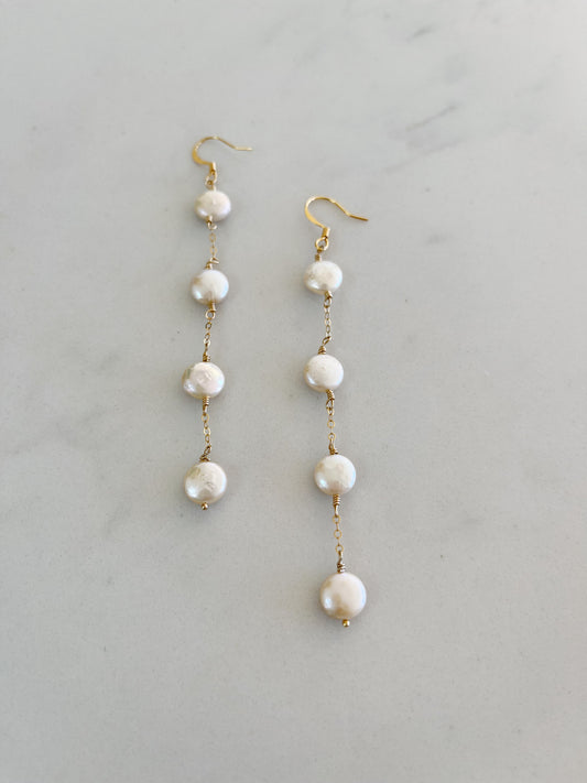 Drop Down Coin Pearl Earrings