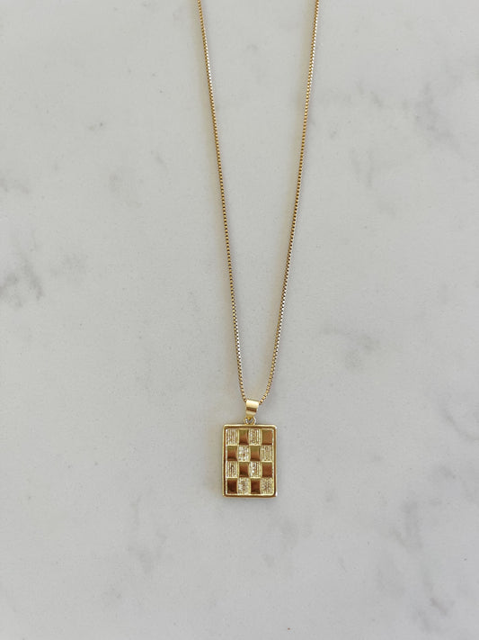 Gold Checker Medallion Necklace