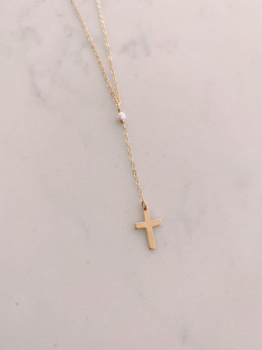 Drop Down Pearl Cross Necklace