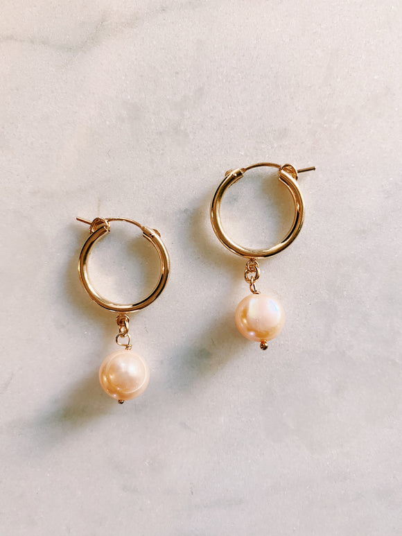 Large Pink Pearl Huggie Hoops